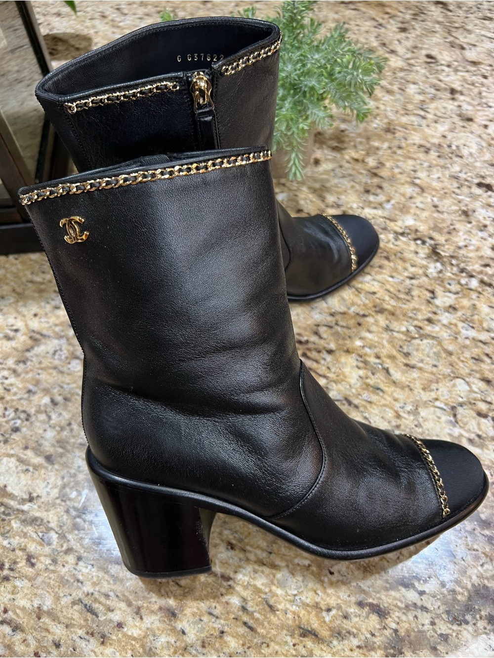 CHANEL Lambskin Grosgrain Cap Toe Gold Chain Short Boots Black 39